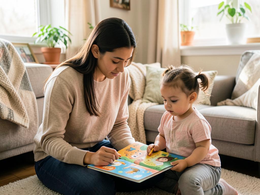 A young Latina mother reading a board book with her toddler
