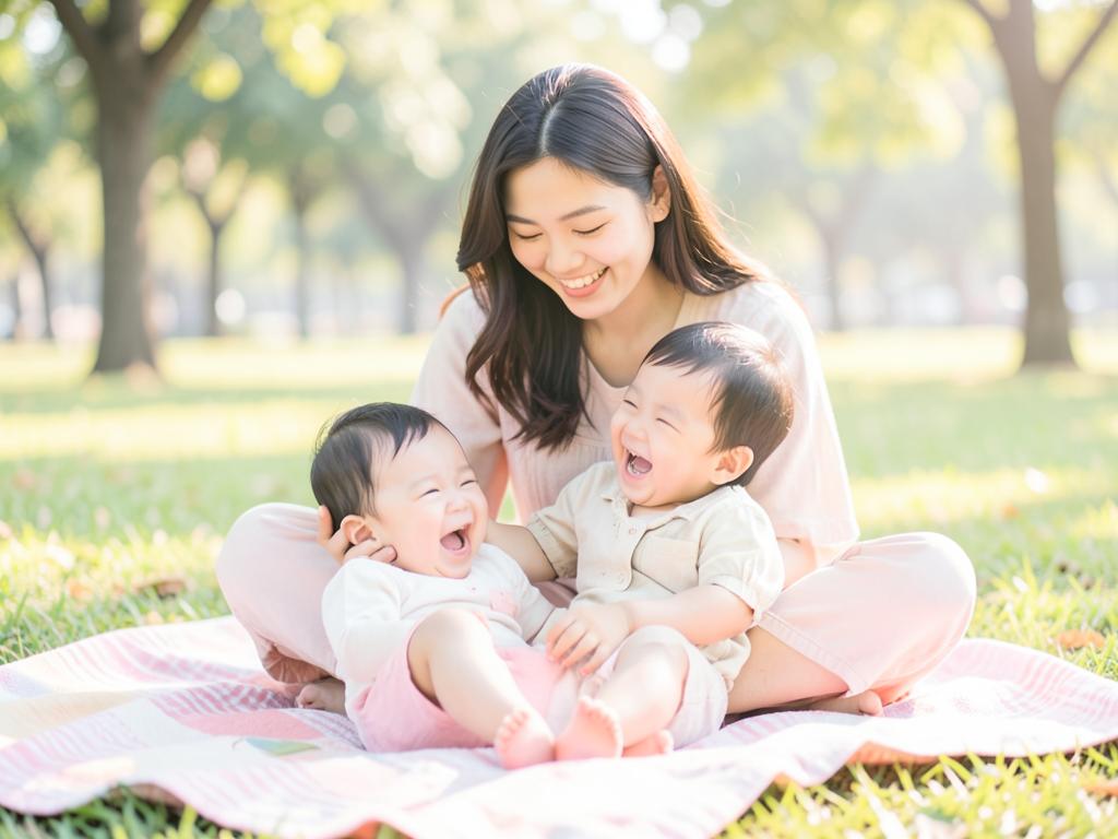 A young Asian mother playing with her laughing baby in a park