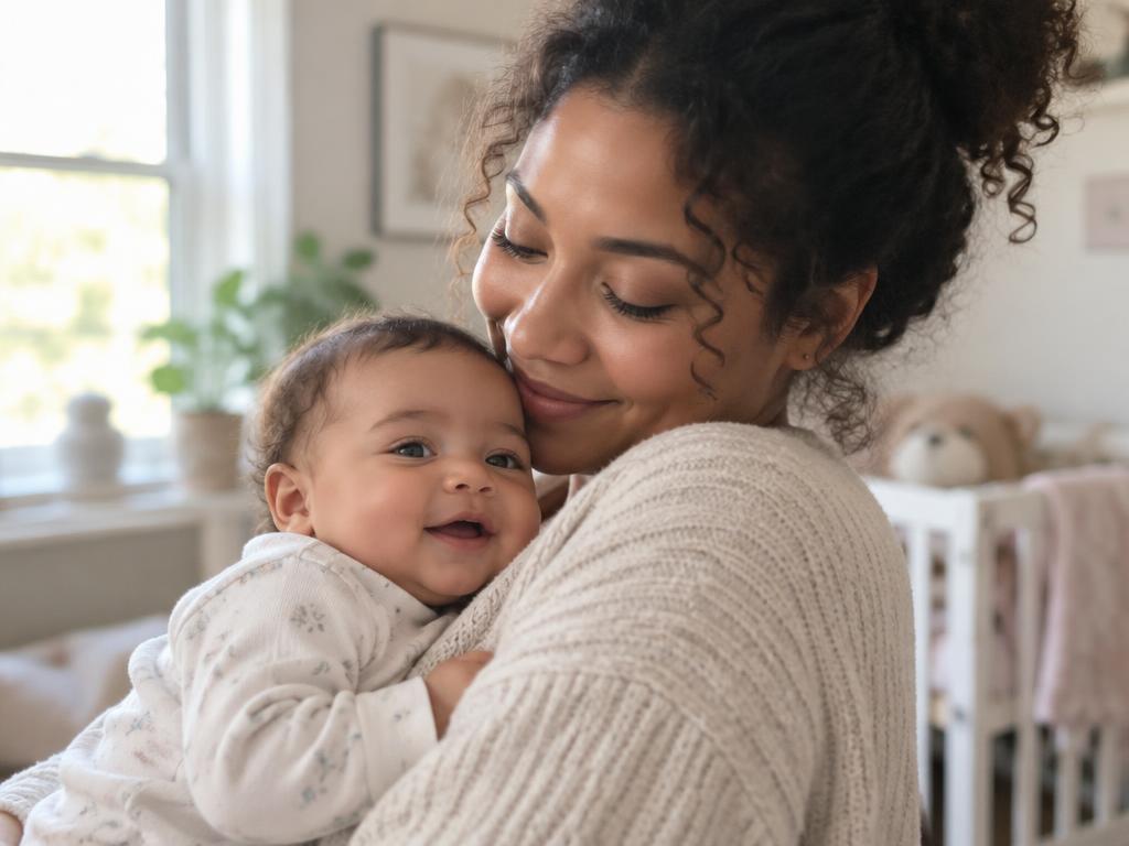 A young biracial mother holding her infant baby close in soft window light