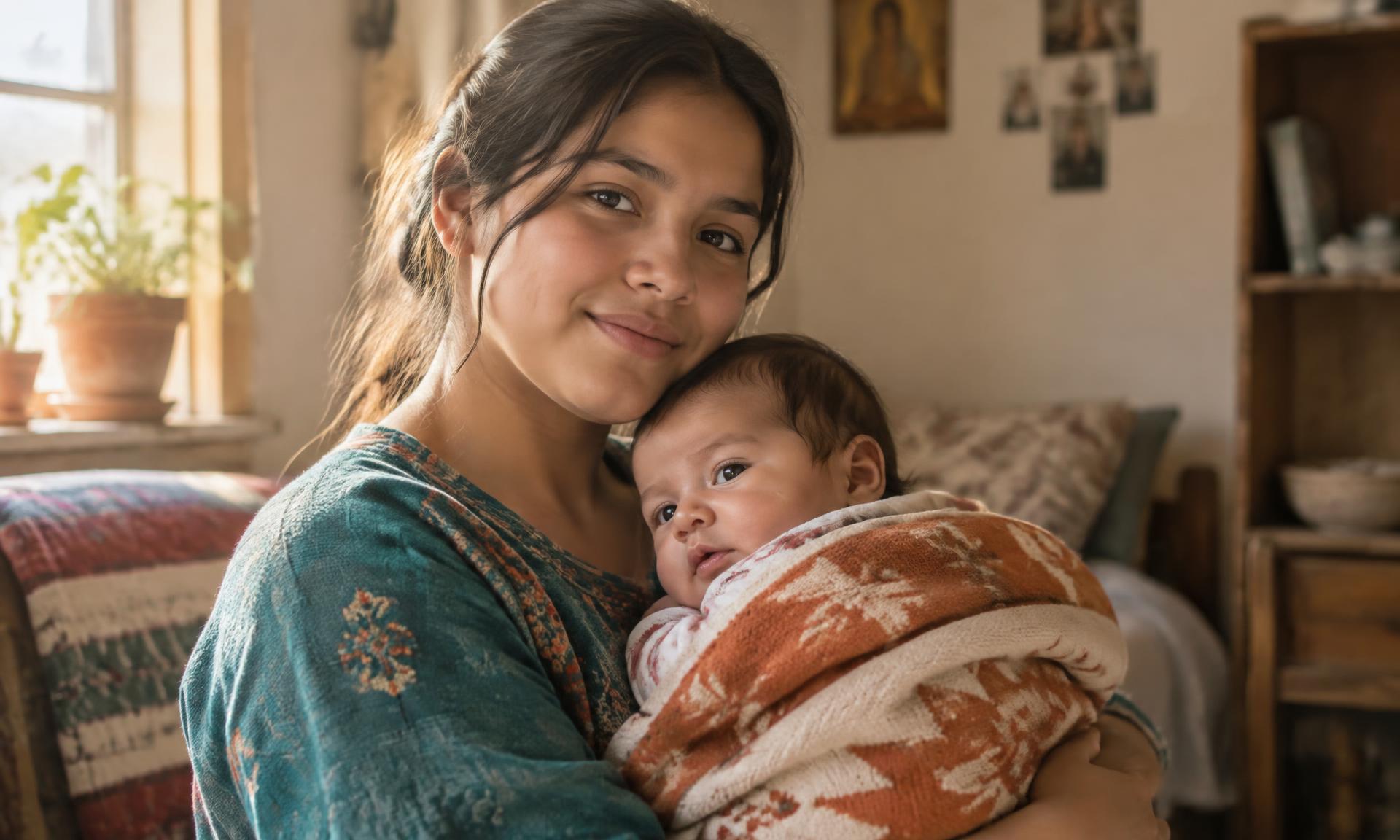 A young mother holding her baby in warm window light