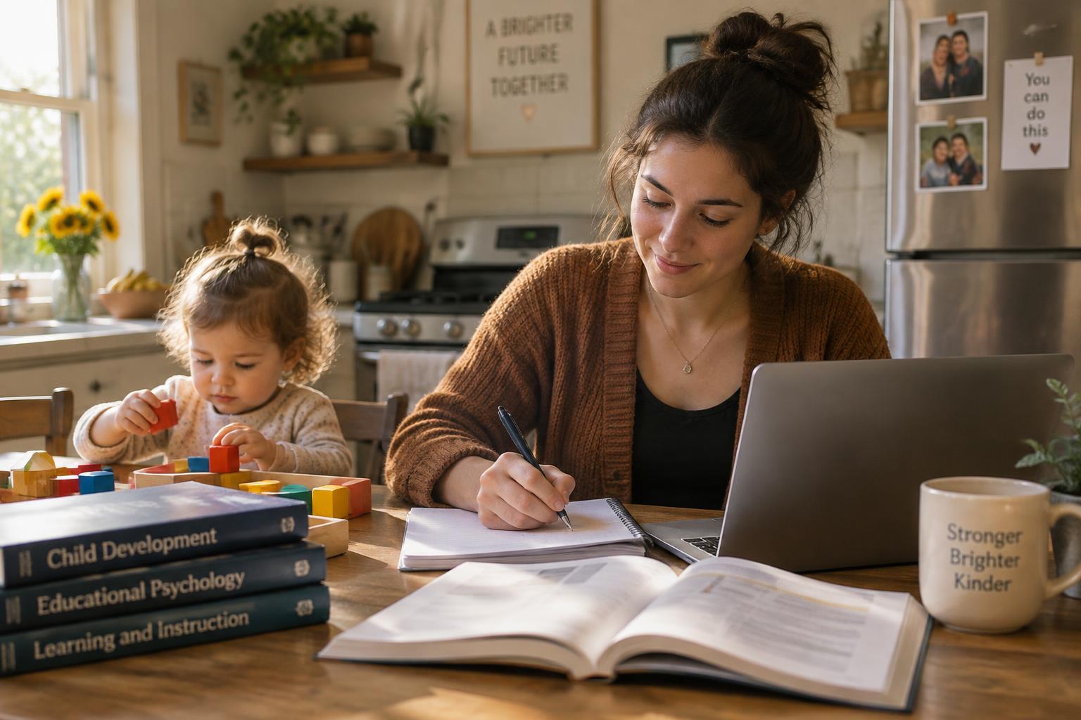 A young mother studying at her kitchen table while her toddler plays nearby